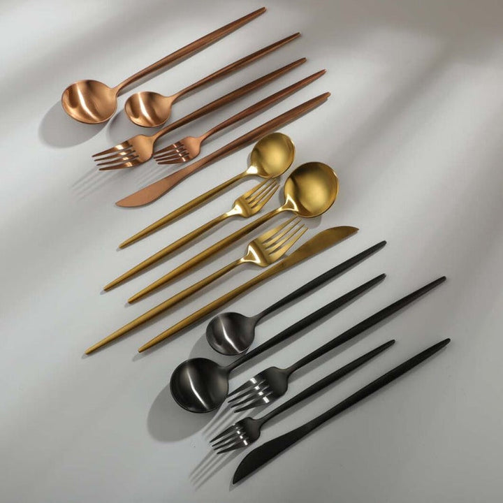 Matte black modern cutlery set, essential for stylish home entertaining and decor.