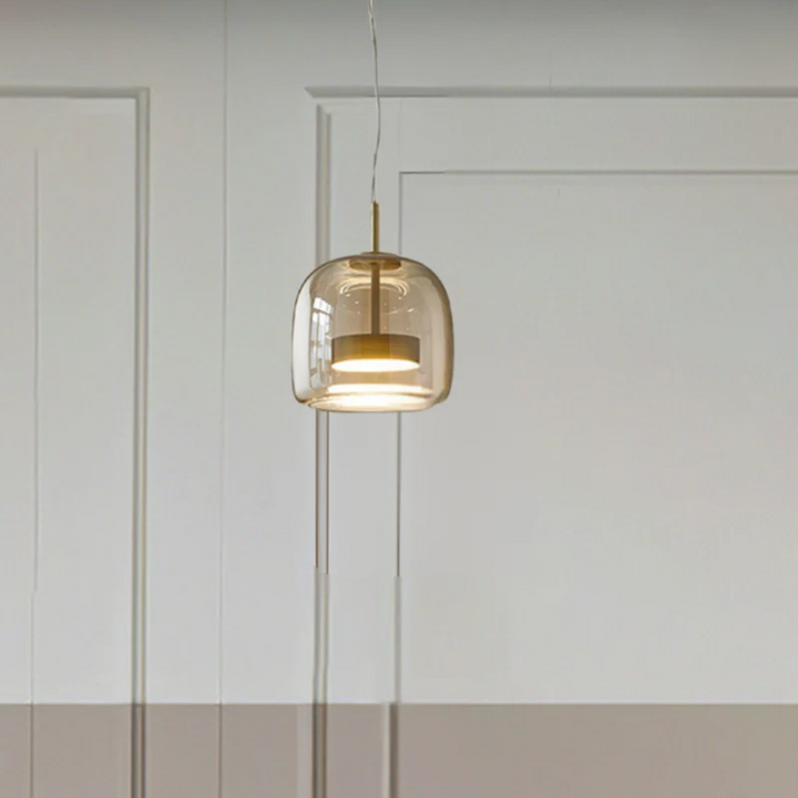 Dimmable LED pendant lamp, modern retro glass shade, perfect for vintage home decor.