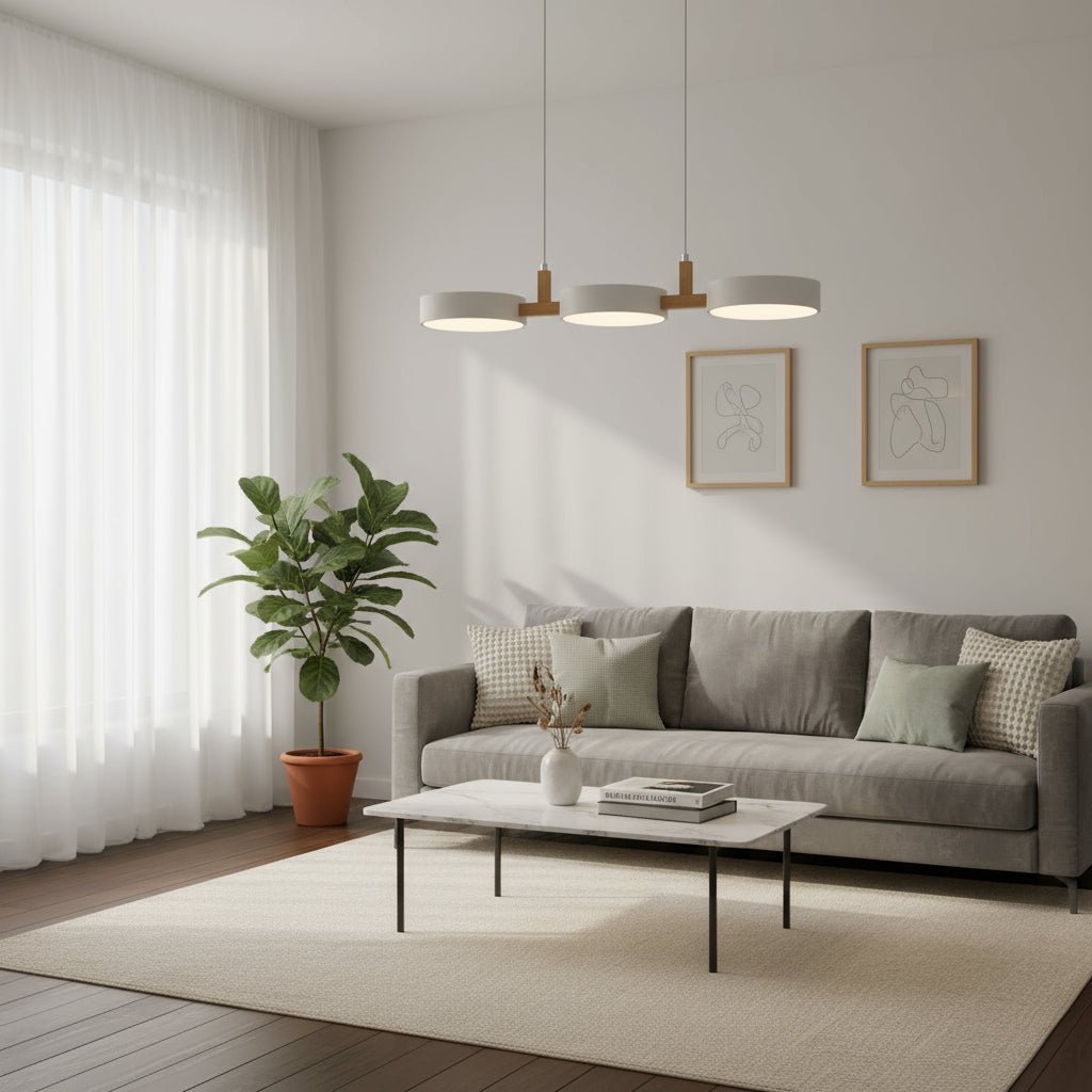 Minimalist wood & metal LED pendant lamp provides a soft, energy-saving glow for modern home decor.