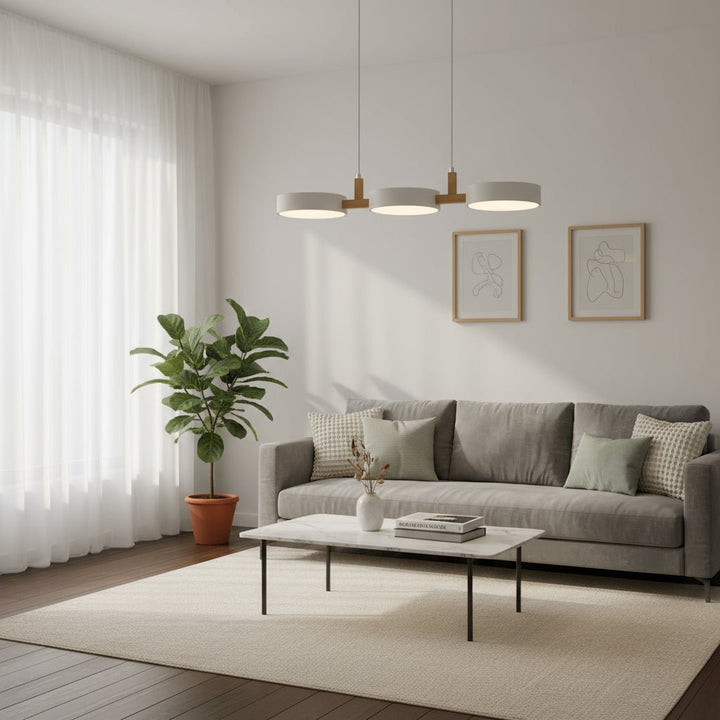 Minimalist wood & metal LED pendant lamp provides a soft, energy-saving glow for modern home decor.