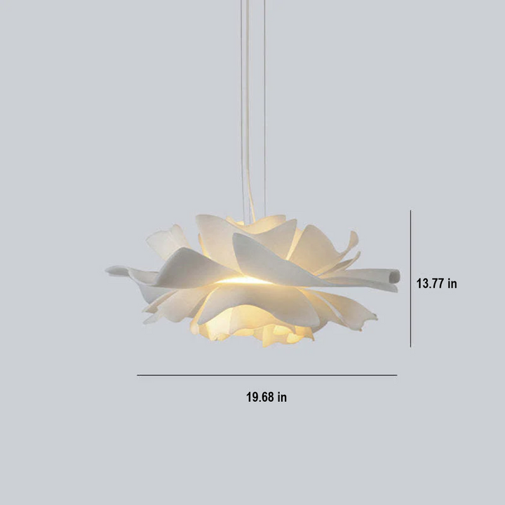White metal flower pendant lamp with acrylic shade. Modern lighting solution for elegant home interiors.
