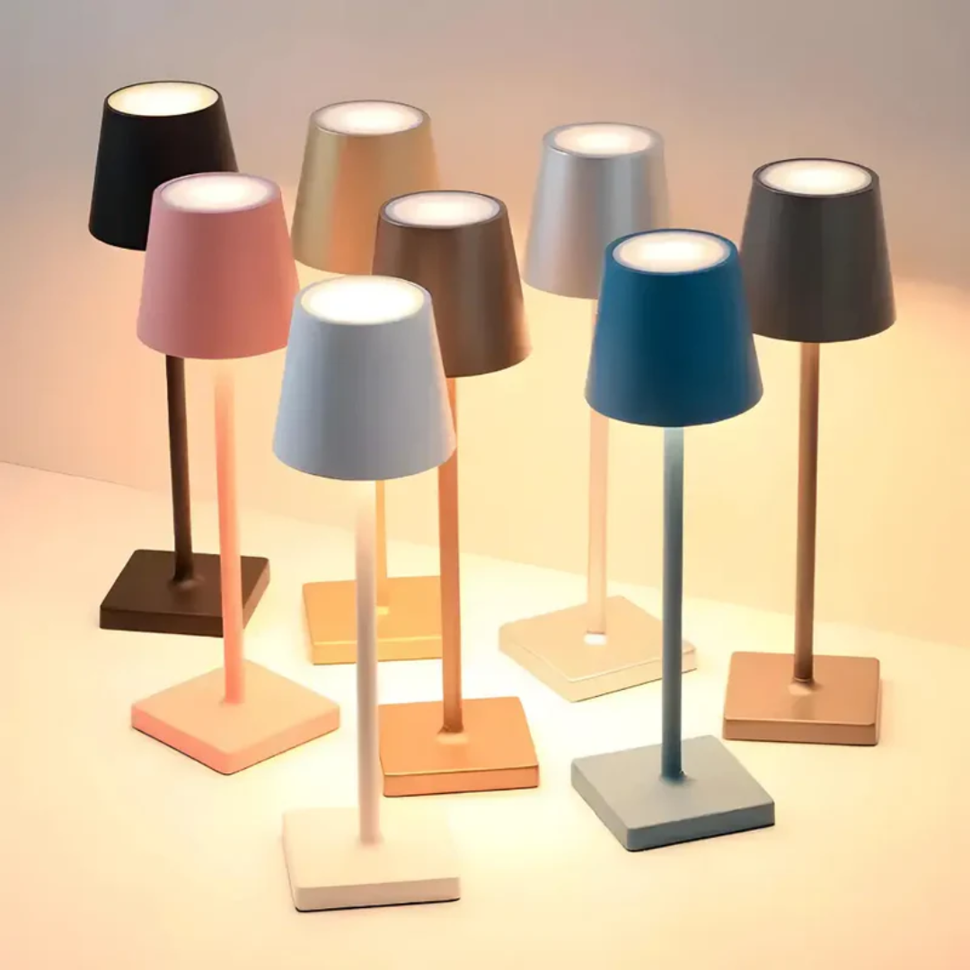 Dimmable wireless LED lamp, ideal for bedside, desk or patio; modern, portable home decor.