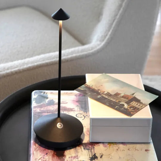 Modern portable LED lamp, rechargeable and wireless, great for accent lighting indoors & outdoors.