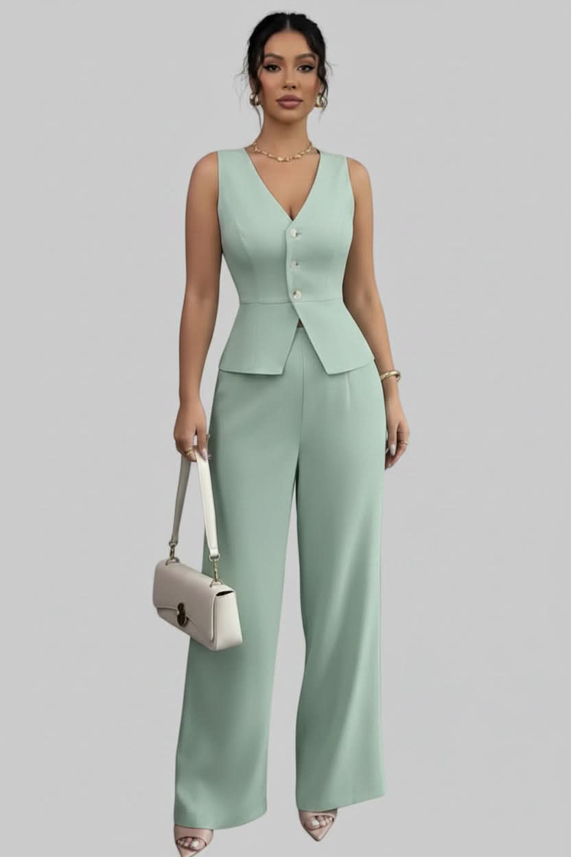 Modern women's tailored waistcoat & wide-leg pants set, perfect for business casual or elegant office wear.