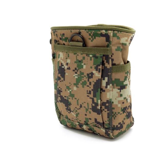 Tactical dump pouch in camouflage pattern, open view, demonstrating its capacity for various equipment.