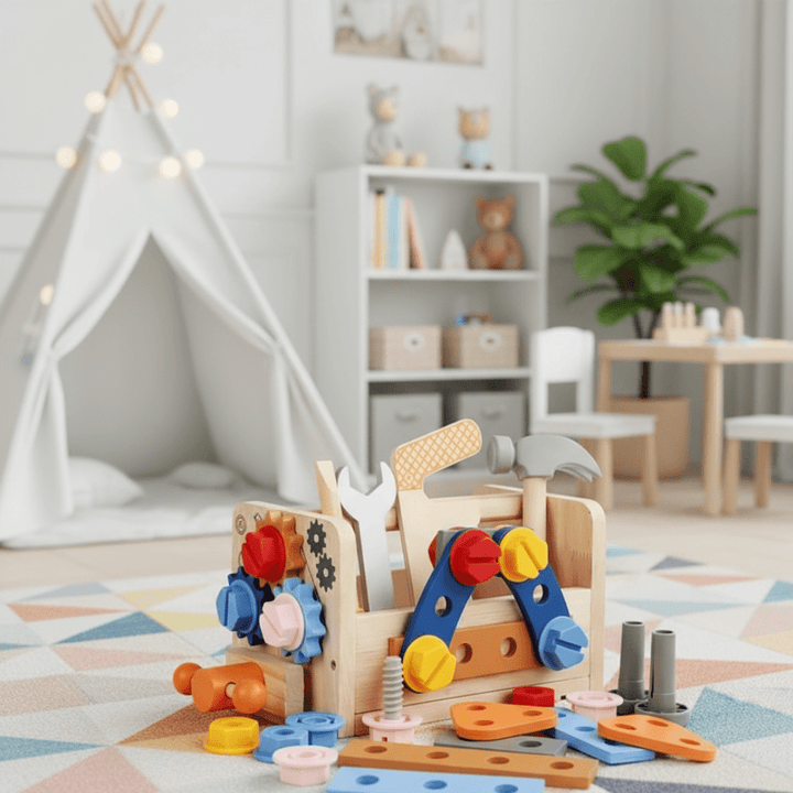 Montessori wooden tool kit for kids, enhancing motor skills & creative learning.