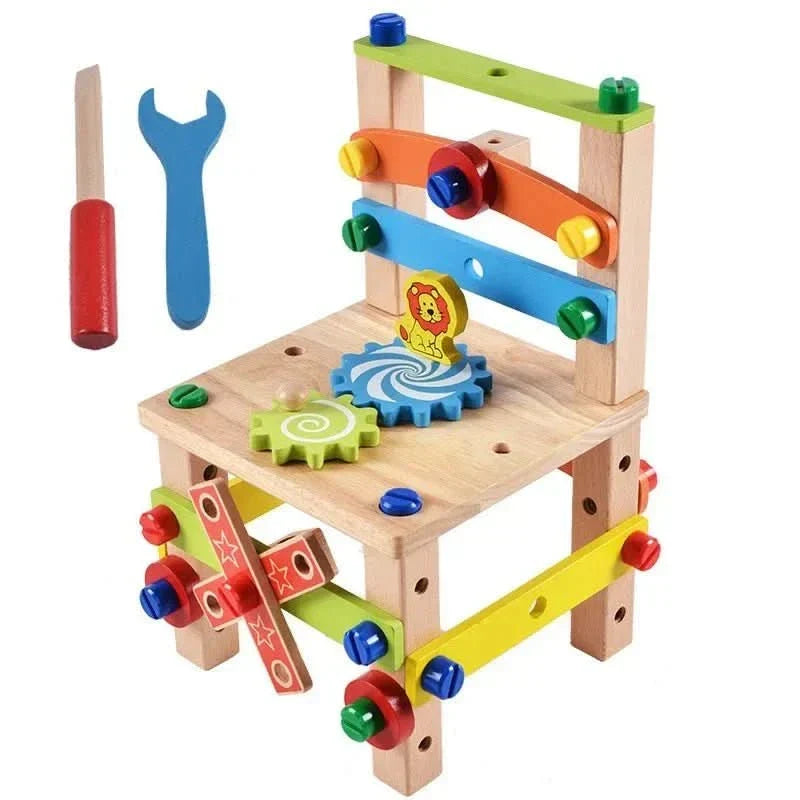Natural wooden Montessori tool kit for kids, promoting hands-on creative learning & essential motor skills.