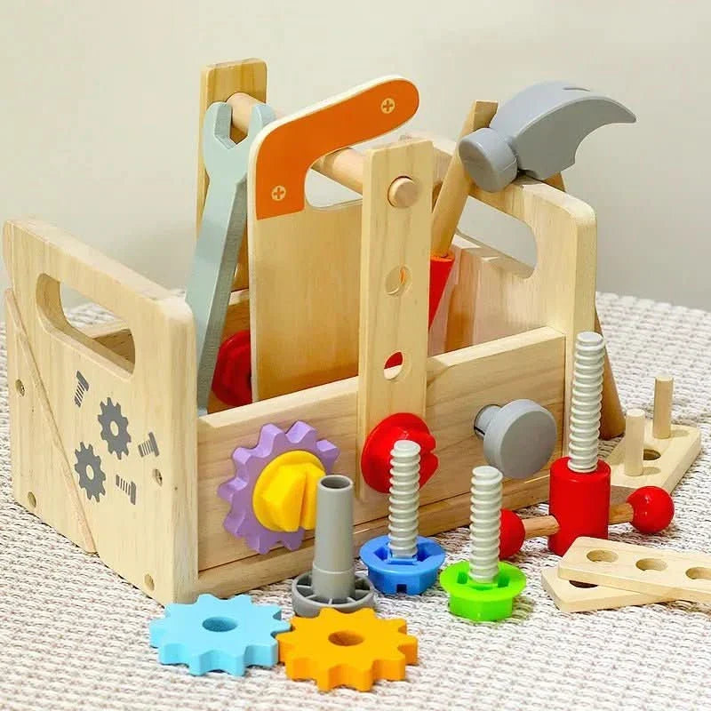 Unisex wooden tool set for toddlers, perfect for pretend play & developing fine motor skills.