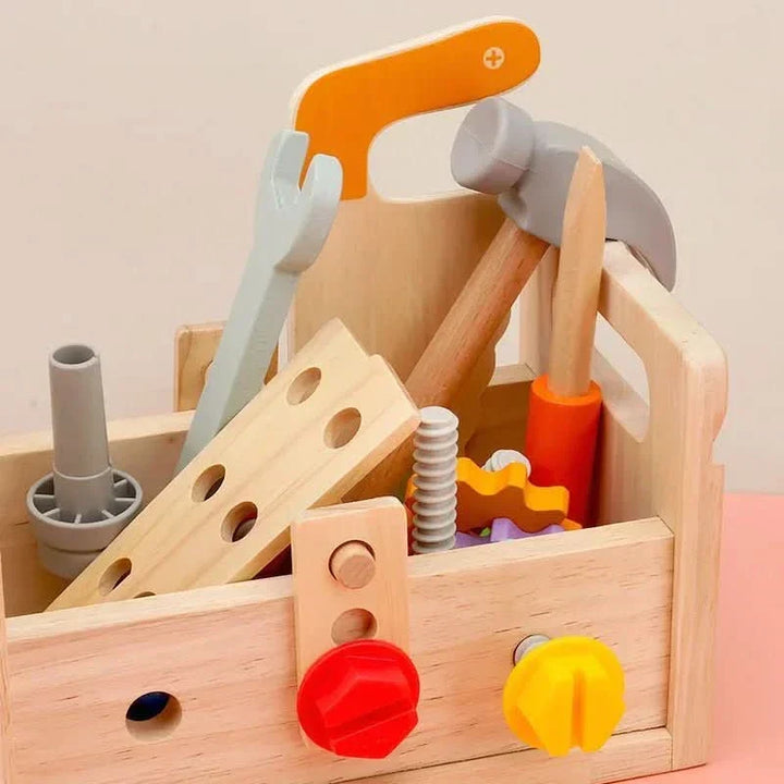 Educational wooden tool kit fosters creative learning, motor skills & problem-solving in kids.