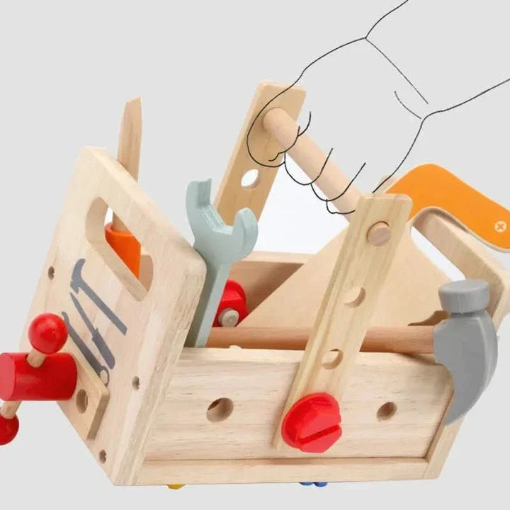 Kids building set with wooden tools for creative construction & imaginative pretend play.