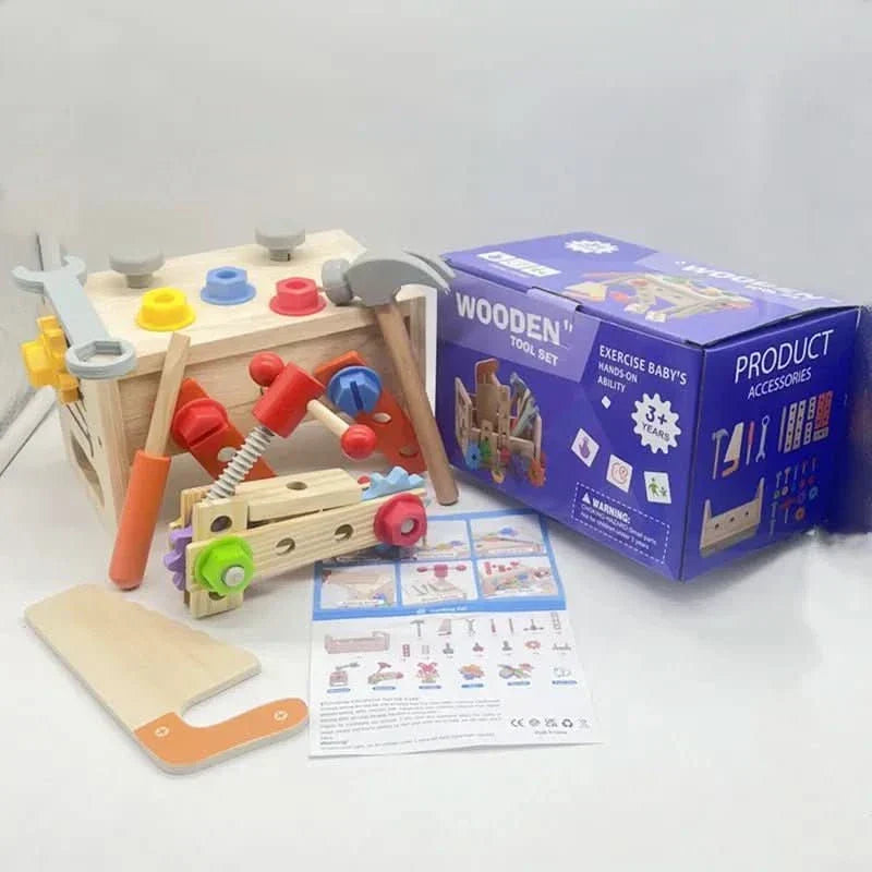 Montessori wooden tool kit promotes practical life skills & independent learning for young children.