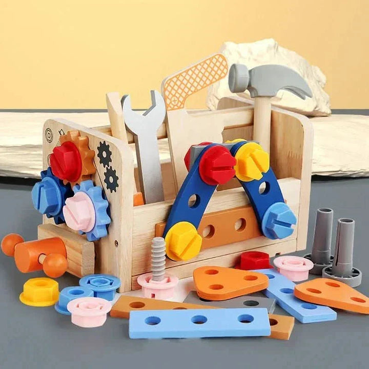 Unisex wooden tool kit for toddlers, encouraging creative play & fine motor skill development.