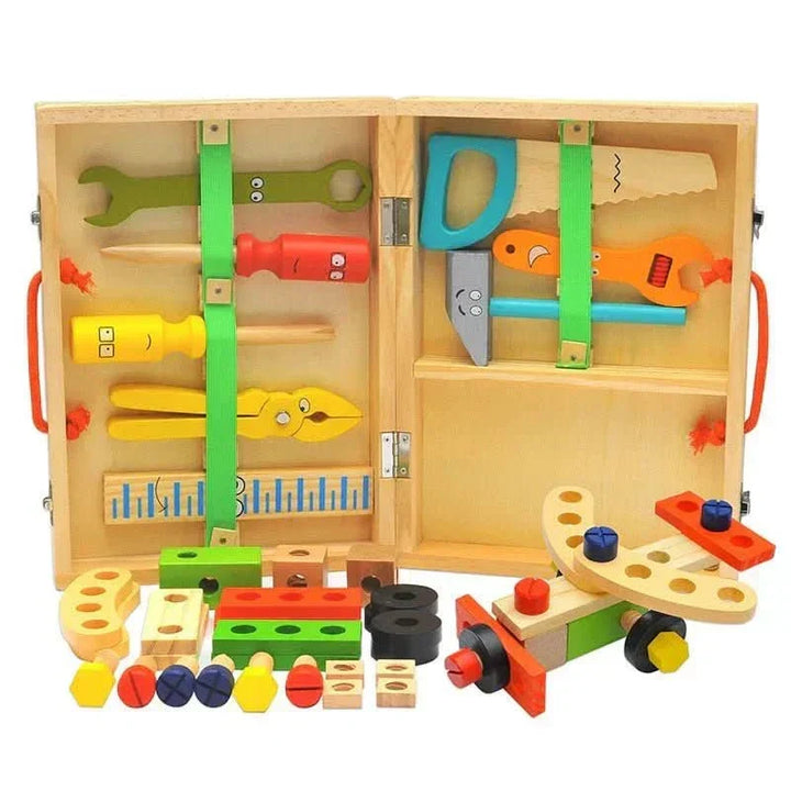 Pretend play wooden tool kit for toddlers, enhancing creative learning & hand-eye coordination.