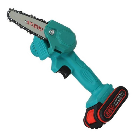 Motosega elettrica a batteria, leggera e compatta, ideale per taglio rapido e silenzioso, verde e nera, per giardinaggio.