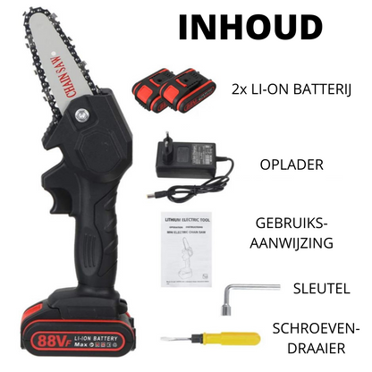 Motosega elettrica a batteria, leggera e compatta, ideale per taglio rapido e silenzioso, verde e nera, per giardinaggio.