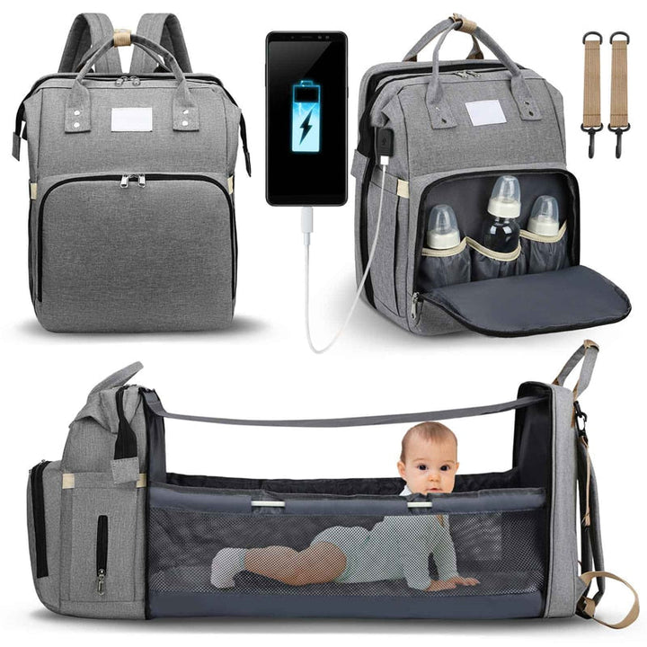 Essential mom bag and baby gear: portable bed, changing station, travel backpack.
