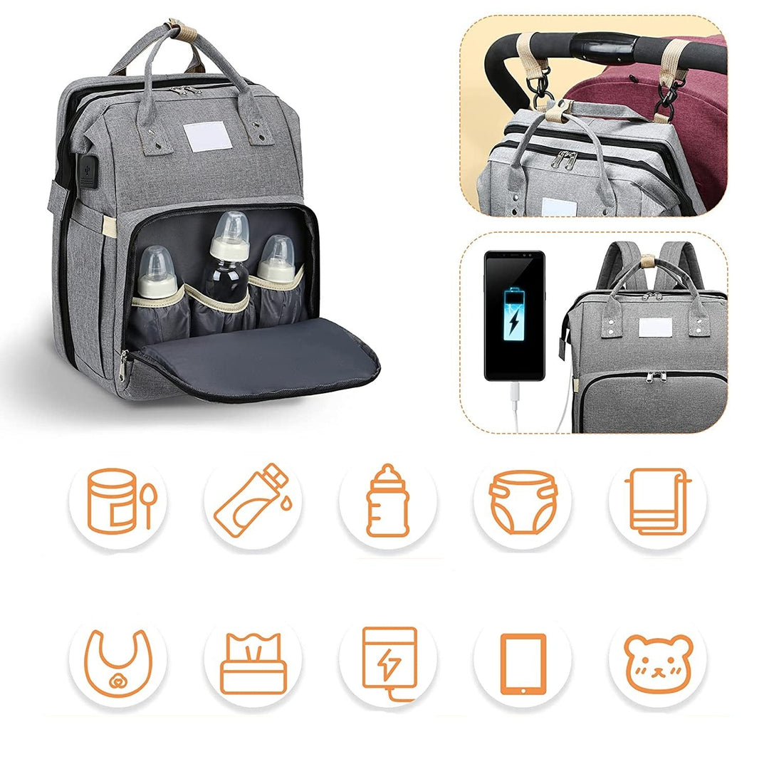Ultimate convenience: multi-function portable baby bed & nappy bag travel backpack.