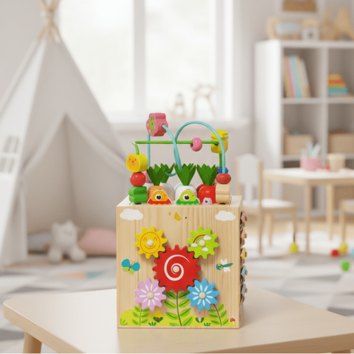 Multifunctional wooden activity cube for toddlers, promoting early learning & motor skills development.