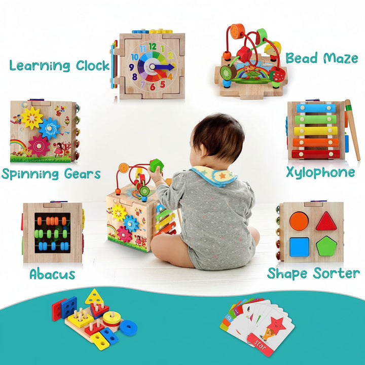 Colorful children's activity cube with beads, gears & shapes for sensory play & skill building.