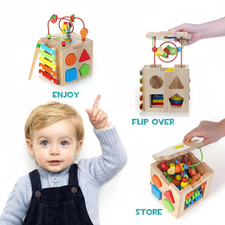 Educational activity cube for preschoolers, featuring puzzles, mazes & shape sorter for cognitive growth.