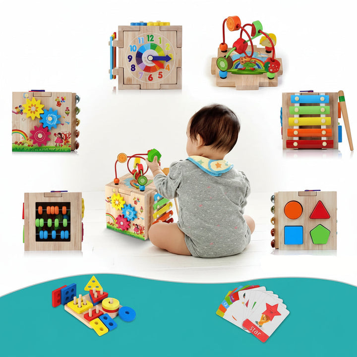 Brightly colored children's activity cube, designed for engaging early learning & sensory exploration.