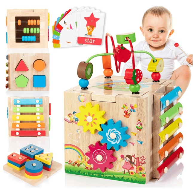 Multi-sided activity cube for children, offering diverse early development activities & sensory engagement.