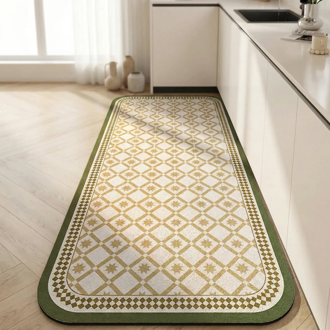 Anti-slip kitchen floor runner, high-traffic resistant, with decorative tile design.