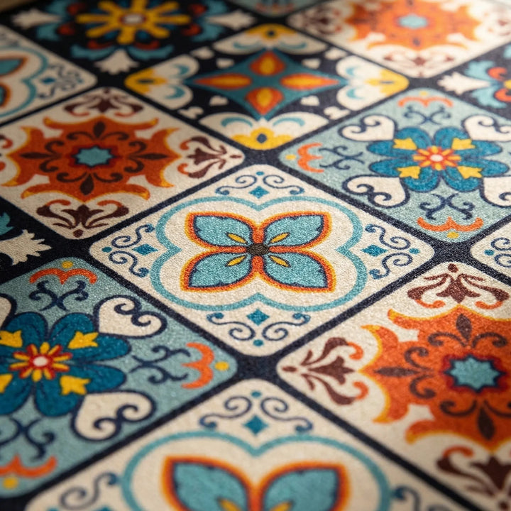 Long kitchen runner rug, non-slip, with elegant tile design for high traffic areas.