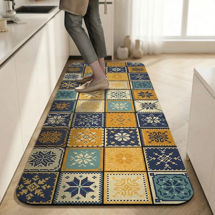High traffic kitchen floor rug with a practical non-slip backing and tile pattern.