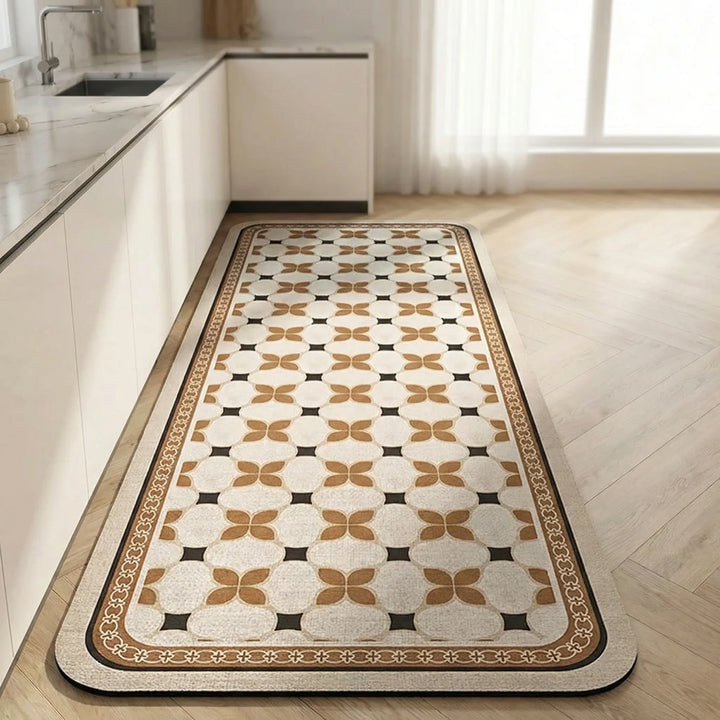 Elegant non-slip kitchen runner rug with a classic tile pattern for any home.