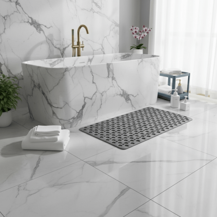 Durable, easy-clean non-slip bath mat, designed with powerful suction cups for superior shower safety.