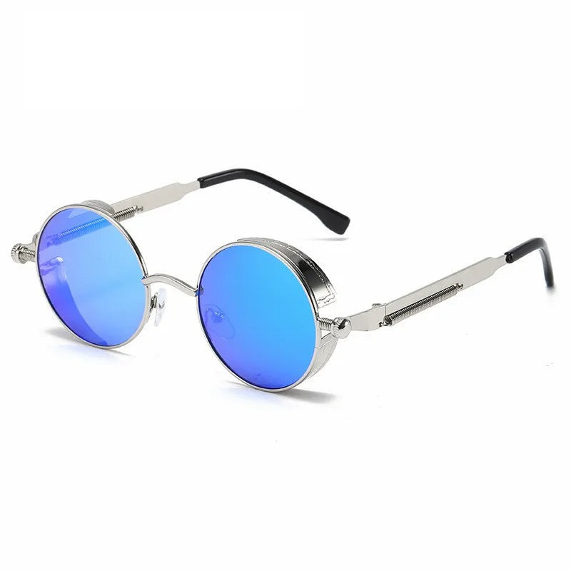 "Occhiali da sole vintage rotondi unisex con montatura robusta, colore nero grigio, protezione UV400, stile senza tempo."