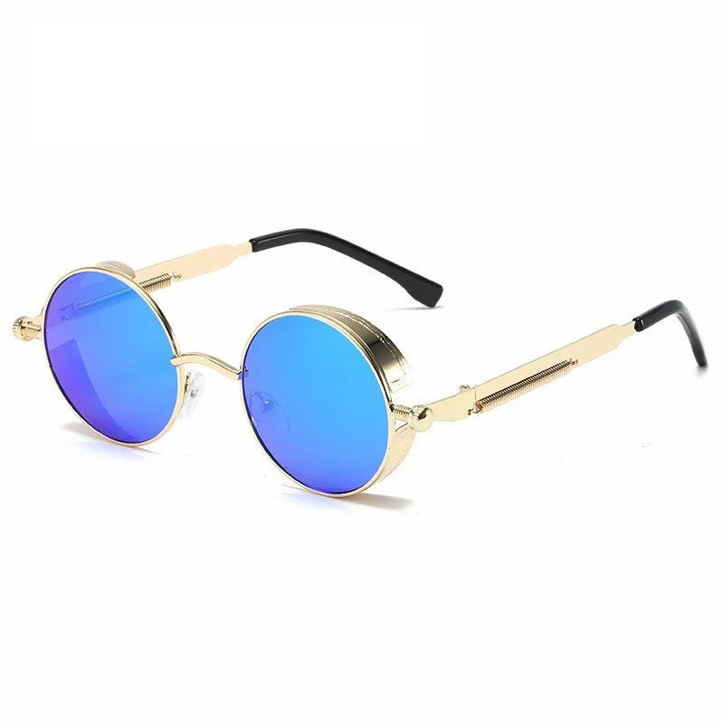 "Occhiali da sole vintage rotondi unisex con montatura robusta, colore nero grigio, protezione UV400, stile senza tempo."