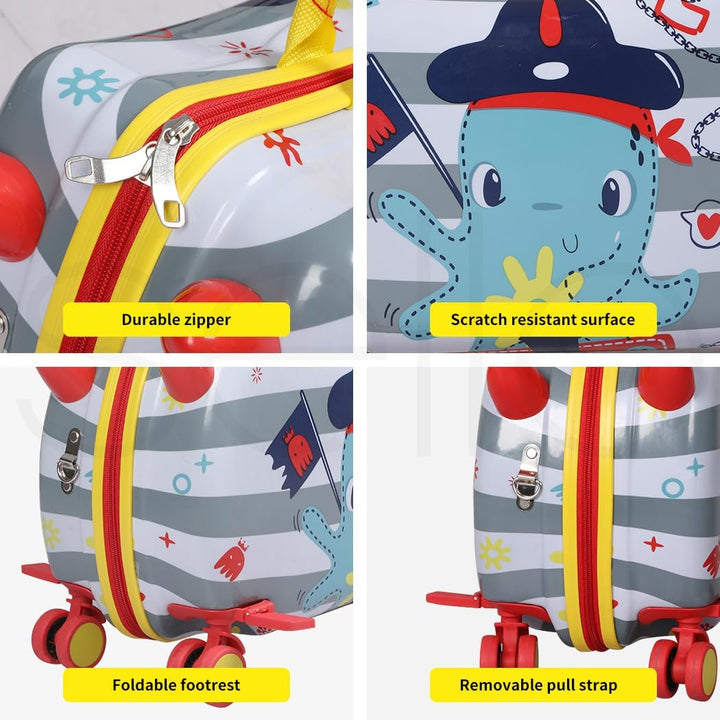 Blue octopus children's ride-on scooter suitcase, 360° wheels, ideal for young travelers and carry-on.