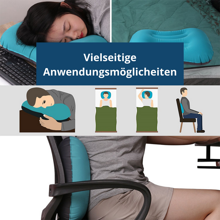 Folded inflatable travel pillow in orange, perfect for space-saving packing for outdoor trips