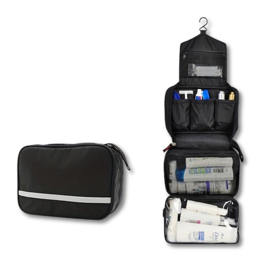 "Organizer da toilette sospeso unisex, compatto, colori versatili, ideale per viaggi, design pratico ed elegante."