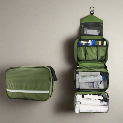 "Organizer da toilette sospeso unisex, compatto, colori versatili, ideale per viaggi, design pratico ed elegante."