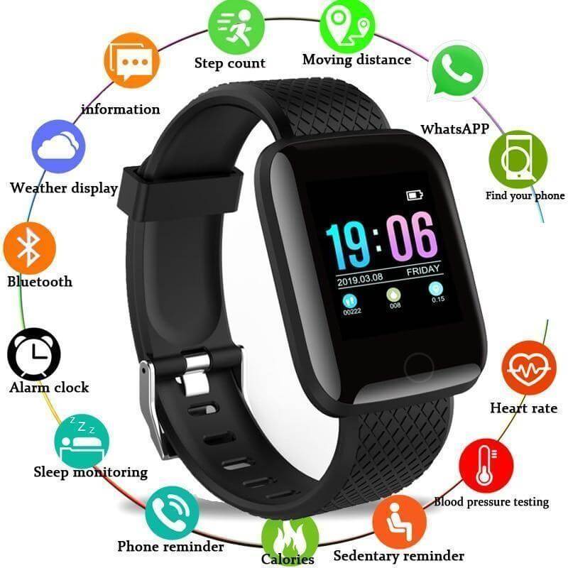 "Orologio fitness tracker impermeabile, design moderno, cinturino confortevole, colori vari, ideale per attività sportive."