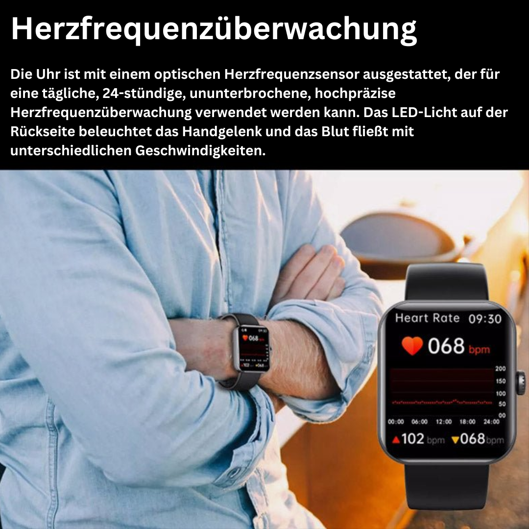 "Orologio moderno nero per monitoraggio glicemia dal polso senza dolore, con display touchscreen e funzionalità salute"