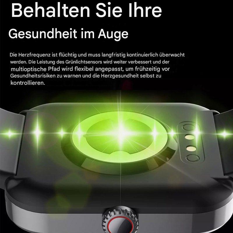 "Orologio moderno nero per monitoraggio glicemia dal polso senza dolore, con display touchscreen e funzionalità salute"