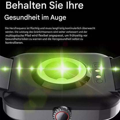 "Orologio moderno nero per monitoraggio glicemia dal polso senza dolore, con display touchscreen e funzionalità salute"