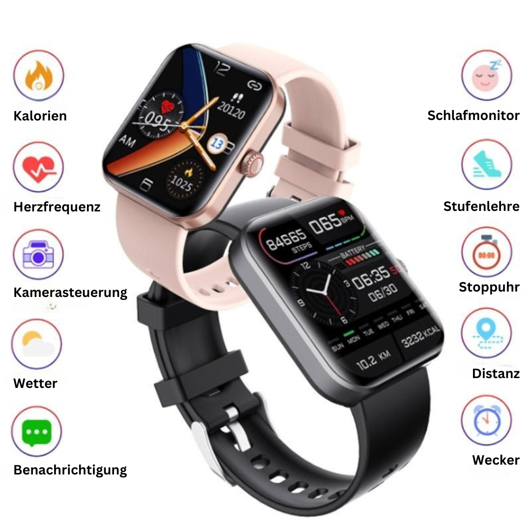 "Orologio moderno nero per monitoraggio glicemia dal polso senza dolore, con display touchscreen e funzionalità salute"