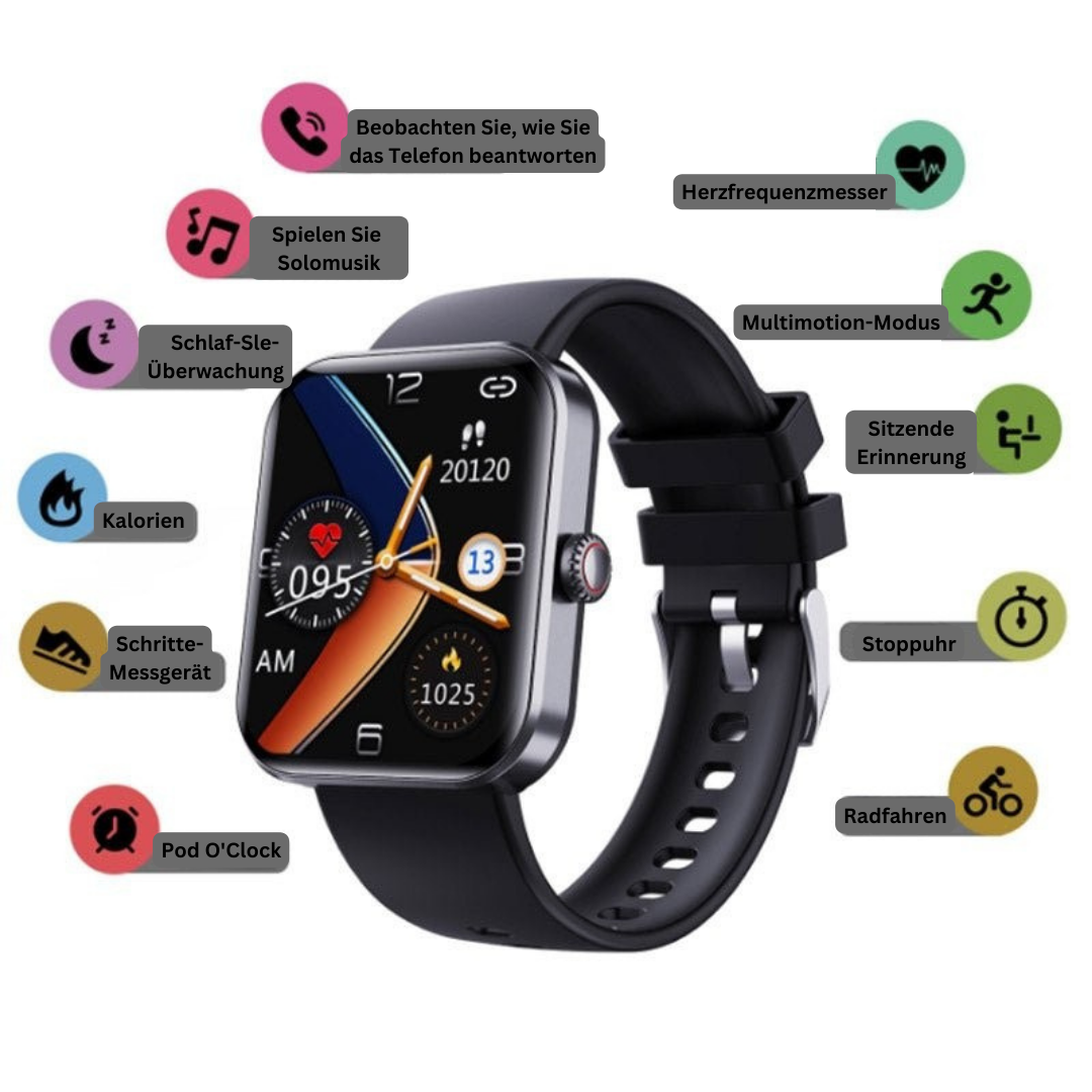 "Orologio moderno nero per monitoraggio glicemia dal polso senza dolore, con display touchscreen e funzionalità salute"