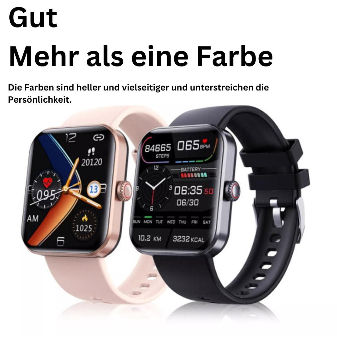 "Orologio moderno nero per monitoraggio glicemia dal polso senza dolore, con display touchscreen e funzionalità salute"