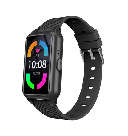 Orologio smart anziani nero con GPS e SOS, cinturino robusto, schermo rettangolare, ideale sicurezza e tracciamento.