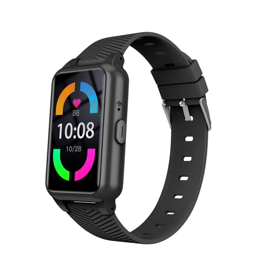 Orologio smart anziani nero con GPS e SOS, cinturino robusto, schermo rettangolare, ideale sicurezza e tracciamento.