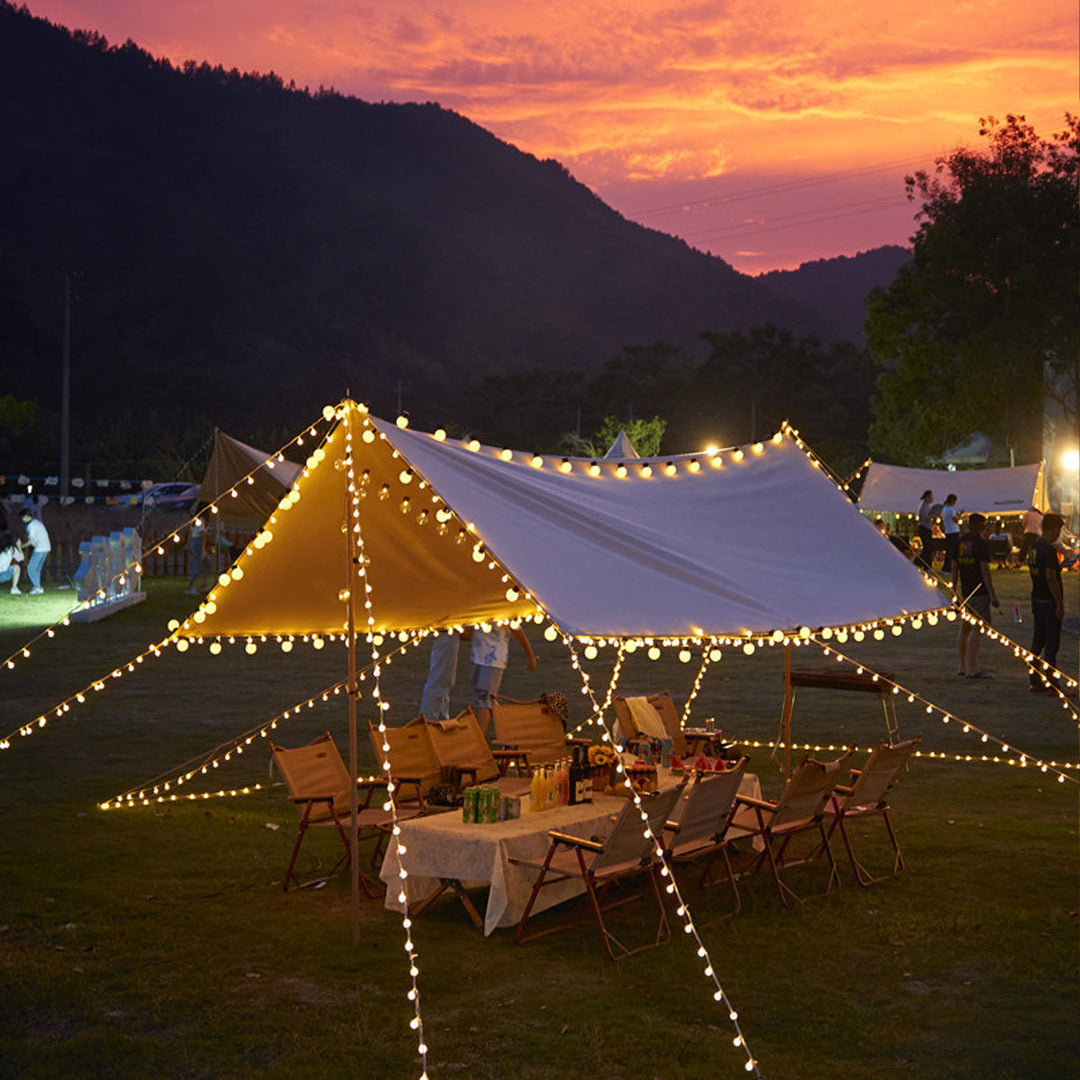 Outdoor camping LED string lights, multi-power globe design, IP55 waterproof durability