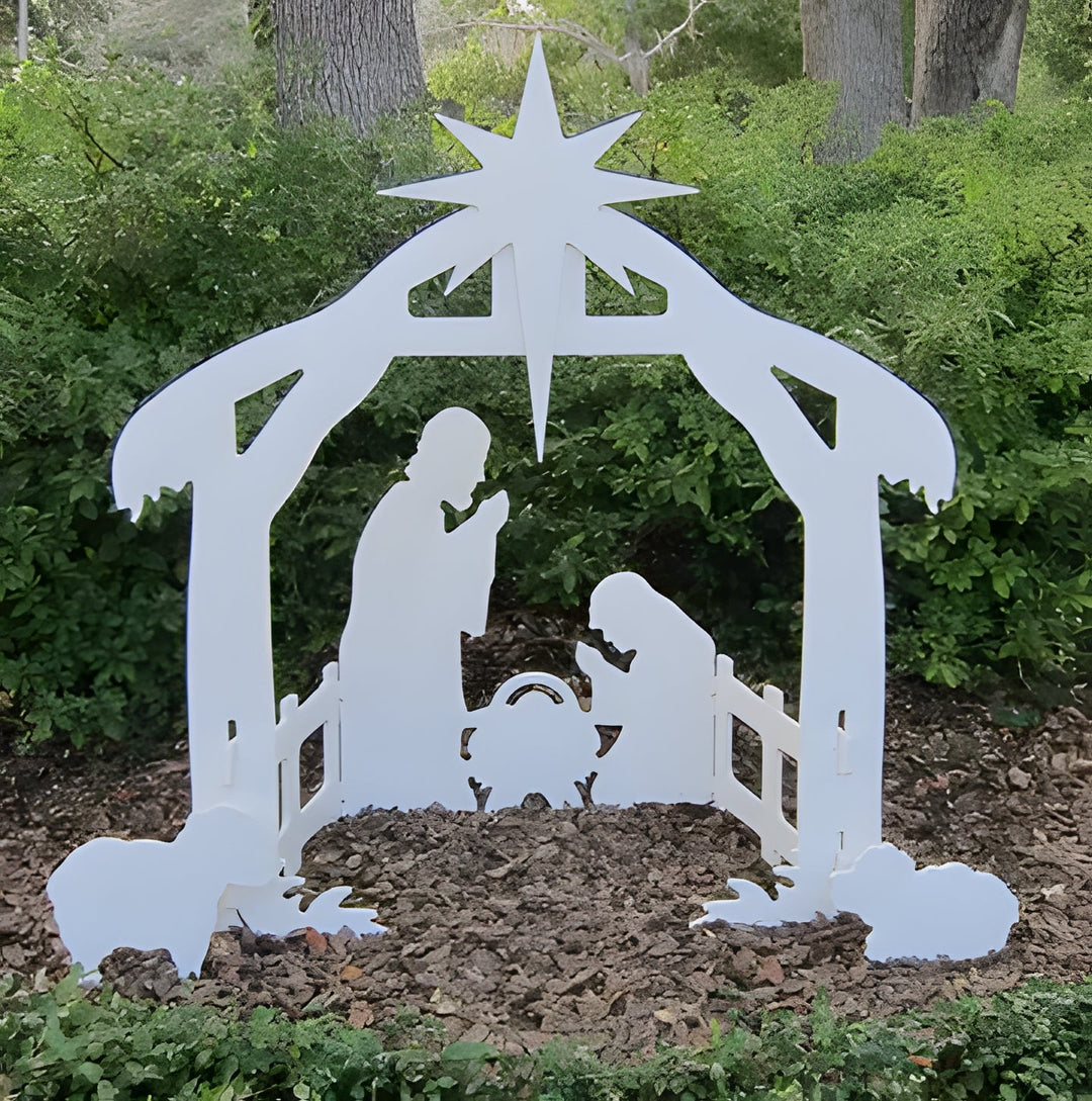 Weather-resistant PVC outdoor Christmas nativity set. Ideal religious yard decoration for festive holiday display.