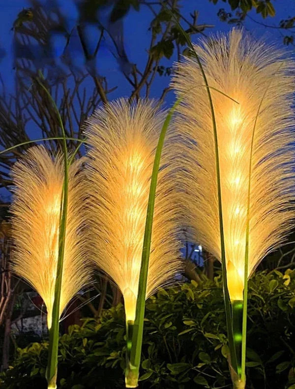 Outdoor Decorative Reed Solar Garden Lights illuminating a garden pathway at dusk.