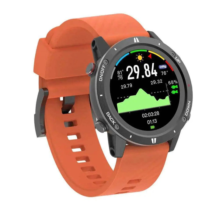 Close-up of a black GPS sports smartwatch displaying heart rate on a vibrant screen